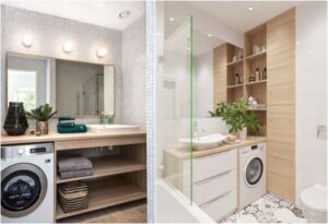 Ratgeber: Waschmaschine Im Kleinen Bad Unterbringen Holzwaschtisch Offenes Regal Waschmaschine Badsanierung Berlin Ideen: Altbau, Kosten Und Handwerkersuche